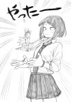  1girl audio_jack bangs blunt_bangs blush boku_no_hero_academia greyscale highres horikoshi_kouhei jirou_kyouka monochrome necktie open_hands school_uniform short_hair simple_background sketch skirt smile solo white_background 