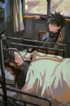  1boy 1girl absurdres artist_name bandaged_head bandages bed black_hair black_jacket blanket blurry blurry_foreground character_request closed_eyes curtains fushiguro_megumi highres hospital hospital_bed iv_stand jacket jujutsu_kaisen jujutsu_tech_uniform kyuuba_melo looking_at_another lying on_back pillow sidelocks sitting spiked_hair window 