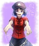  1girl :d bangs black_hair black_ribbon black_skirt cabbie_hat chinese_clothes commentary_request cowboy_shot hat hat_ornament highres jiangshi lace-trimmed_sleeves lace_trim looking_at_viewer miyako_yoshika neck_ribbon ofuda okame_hana one-hour_drawing_challenge open_mouth outstretched_arms purple_background purple_eyes purple_headwear red_shirt ribbon shirt short_hair short_sleeves skirt smile solo star_(symbol) star_hat_ornament tangzhuang teeth touhou upper_teeth_only v-shaped_eyebrows wide_sleeves zombie_pose 