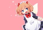  1girl absurdres bangs blue_eyes bow bowtie fairy_wings fang highres juliet_sleeves kanisawa_yuuki long_sleeves looking_at_viewer maid maid_headdress open_mouth orange_hair outline pink_background puffy_sleeves red_bow red_bowtie short_hair skin_fang solo sunny_milk touhou two_side_up white_outline wings 