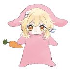  1girl animal_hood baby babygrow blonde_hair carrot commentary_request flower genshin_impact hair_flower hair_ornament highres hood lumine_(genshin_impact) pout rabbit_hood solo syorisensei white_background yellow_eyes 