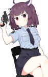  1girl ahoge alternate_costume arm_at_side bangs belt blade blue_necktie blue_shirt blush breast_pocket brown_hair chair collared_shirt crossed_legs epaulettes feet_out_of_frame folding_chair gun hand_up headgear highres holding holding_gun holding_weapon konori_(ahurerukuiizi) looking_at_viewer necktie patch pencil_skirt pocket police police_uniform red_eyes revolver shirt short_twintails sitting skirt smile solo thighs touhoku_kiritan twintails uniform v-shaped_eyebrows voiceroid weapon 