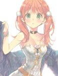  1girl atelier_(series) atelier_escha_&amp;_logy bare_shoulders blush bracelet breasts choker cleavage collarbone escha_malier green_eyes hair_ornament hani_(udauda) holding holding_clothes jewelry long_hair looking_at_viewer medium_breasts open_mouth simple_background solo twintails upper_body white_background 