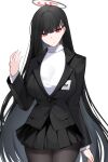  1girl bangs black_hair black_pantyhose black_skirt black_suit blazer blue_archive breasts expressionless formal hair_ornament halo highres id_card jacket large_breasts long_hair long_sleeves looking_at_viewer mechanical_halo mindoll pantyhose red_eyes rio_(blue_archive) simple_background skirt sleeves_past_wrists solo suit sweater turtleneck turtleneck_sweater very_long_hair white_sweater 