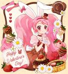  1girl adapted_costume animal_ears bangs big_hair brown_dress cake_hair_ornament chocolate closed_mouth commentary cure_whip cursive daffodil dress earrings english_text flower food food-themed_hair_ornament fruit gloves hair_ornament happy_valentine hat heart jewelry kirakira_precure_a_la_mode long_hair looking_at_viewer macaron magical_girl mini_hat mini_top_hat nene_(oneoneo13) own_hands_together pink_eyes pink_gloves pink_hair pom_pom_(clothes) pom_pom_earrings precure puffy_short_sleeves puffy_sleeves rabbit_ears rabbit_tail short_sleeves smile solo strawberry tail tart_(food) tilted_headwear top_hat usami_ichika valentine white_gloves 