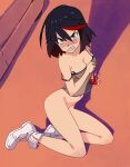  1girl absurdres black_hair blue_eyes blush bottomless breasts camisole clenched_teeth couch english_commentary fingerless_gloves frown full_body gloves grey_eyes highres indoors kill_la_kill legs looking_at_viewer matoi_ryuuko medium_breasts multicolored_hair naked_shirt navel nipples on_ground optionaltypo red_gloves red_hair see-through see-through_camisole shadow shirt shoes short_hair signature single_glove sitting sneakers solo streaked_hair teeth 