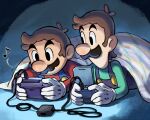  2boys black_eyes blue_overalls brothers brown_hair eighth_note facial_hair game_boy_advance game_boy_advance_sp gloves green_shirt handheld_game_console holding holding_handheld_game_console long_sleeves luigi lying male_focus mario mario_(series) multiple_boys musical_note mustache no_headwear on_stomach overalls red_shirt shirt short_hair siblings under_covers upper_body very_short_hair white_gloves ya_mari_6363 