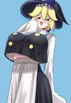  1girl :3 apron bangs black_eyes black_headwear black_skirt black_vest blonde_hair blue_background blue_bow blush bow breasts buttons commentary_request cookie_(touhou) cowboy_shot crop_top crop_top_overhang dokagui hair_between_eyes hair_bow hat hat_bow highres huge_breasts kirisame_marisa long_skirt looking_at_viewer navel one_eye_closed open_mouth shirt short_hair simple_background skirt sleeves_past_fingers sleeves_past_wrists smile solo touhou vest waist_apron white_apron white_shirt yuuhi_(cookie) 