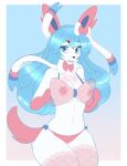  absurd_res blue_eyes blue_hair bow_tie bra breasts chainilla_(artist) clothing curled_hair eeveelution female fur generation_6_pokemon hair hi_res lace legwear lingerie nintendo nipples pink_body pink_fur pokemon pokemon_(species) ribbons smile solo sylveon thigh_highs underwear white_body white_fur 