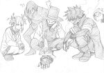  1girl absurdres bangs boku_no_hero_academia dabi_(boku_no_hero_academia) greyscale hair_over_eyes hat highres horikoshi_kouhei monochrome mr._compress scar school_uniform short_hair simple_background skeptic_(boku_no_hero_academia) sketch skirt spinner_(boku_no_hero_academia) squatting toga_himiko twice_(boku_no_hero_academia) white_background 