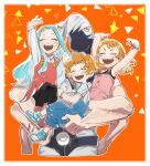  2boys 2girls \o/ ^_^ ^o^ arm_behind_back arm_up arms_up bangs bare_arms bare_shoulders belt black_eyes black_pantyhose black_tank_top blue_footwear blue_hair blue_overalls blush boku_no_hero_academia border bracelet brother_and_sister brown_hair buttons carrying child_carry clenched_hands closed_eyes collared_shirt covered_face cropped_arms cropped_torso dot_nose dress dress_shirt eri_(boku_no_hero_academia) excited extra_arms female_child film_grain freckles grey_hair hair_over_one_eye happy highres horns jewelry long_hair long_sleeves looking_ahead male_child mask multiple_boys multiple_girls open_mouth orange_background outline outstretched_arms overalls pantyhose patterned_background pinafore_dress raised_eyebrows red_dress sandals shimano_katsuma shimano_mahoro shirt short_eyebrows short_hair short_sleeves shouji_mezou siblings single_horn sleeveless smile tank_top teeth triangle twintails upper_teeth_only v-shaped_eyebrows white_border white_outline white_shirt wing_collar yuu_yuugekisyu 