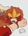  ... 1other artist_name commentary entei fangs grey_background highres jacket long_sleeves pokemon pokemon_(creature) red_eyes red_jacket simple_background spoken_ellipsis teletelo 