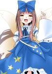  1girl absurdres blue_dress blue_ribbon blush brown_hair dress fairy fairy_wings highres long_hair long_sleeves looking_at_viewer noci_(fumei_no_kuni) open_mouth ribbon smile solo star_(symbol) star_sapphire touhou wings yellow_eyes 
