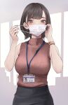 1girl absurdres black_skirt blush breasts brown_shirt covered_mouth highres indoors koh_(minagi_kou) lanyard large_breasts looking_at_viewer mask mole mole_under_eye mouth_mask office_lady original ribbed_shirt shirt skirt sleeveless sleeveless_shirt solo watch wristwatch 