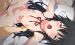  1boy 1girl absurdres bar_censor black_hair blue_eyes bow bowtie breasts censored commentary_request completely_nude hetero highres long_hair lying missionary navel neck_ribbon nipples nude on_back on_bed open_mouth pillow pillow_grab pussy red_bow red_bowtie red_ribbon ribbon sex shou937 small_breasts solo_focus spread_legs straight_hair tongue torso_grab vaginal yahari_ore_no_seishun_lovecome_wa_machigatteiru. yukinoshita_yukino 