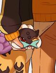  1other ;p alternate_size artist_name black_jacket brown_pants fangs highres jacket long_sleeves looking_up one_eye_closed orange_jacket pants petting pokemon pokemon_(creature) raikou red_eyes solo_focus teletelo tongue tongue_out 