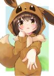  1girl absurdres bangs black_hair blurry blurry_background blush brown_eyes commentary_request cosplay depth_of_field eevee eevee_(cosplay) eevee_ears eevee_tail groin hair_between_eyes highres hood hood_up jewelry long_sleeves looking_at_viewer manabe_mana outstretched_arm parted_lips poke_kid_(pokemon) pokemon puffy_long_sleeves puffy_sleeves ring solo standing 