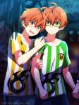  2boys ahoge aki_ma_jiro aoi_kyosuke aoi_yusuke brothers fingernails green-framed_eyewear highres holding_hands idolmaster idolmaster_side-m multiple_boys nervous orange_eyes orange_hair out_of_frame print_shirt scared shirt short_sleeves siblings sportswear striped striped_shirt tears twins w_(idolmaster) 