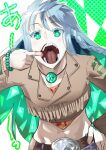  1girl blue_hair colored_inner_hair fate/grand_order fate_(series) green_eyes green_hair highres jewelry kukulkan_(fate) kukulkan_(first_ascension)_(fate) mor multicolored_hair necklace open_mouth sharp_teeth solo teeth 