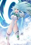  1girl blue_hair breasts colored_inner_hair cross_(crossryou) fate/grand_order fate_(series) green_eyes green_hair highres kukulkan_(fate) kukulkan_(second_ascension)_(fate) large_breasts long_hair multicolored_hair sky solo 