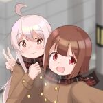  2girls :d ahoge arm_around_shoulder bangs blunt_bangs blurry blurry_background blush breath brown_eyes brown_hair coat commentary_request hair_between_eyes highres hozuki_momiji long_hair long_sleeves looking_at_viewer multiple_girls onii-chan_wa_oshimai! open_mouth oyama_mahiro poemayonaise red_eyes scarf selfie short_hair smile v wavy_mouth white_hair winter_clothes 