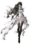  1girl armor bangs black_flower black_footwear boots breasts brown_hair closed_mouth dress flower flower_over_eye full_body highres long_hair maid maid_headdress medium_breasts original simple_background solo thigh_boots unfinished vlfdus_0 white_background white_dress 