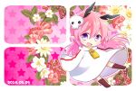  1girl blush chibi cielfloria flower food fruit hair_ornament head_wings long_hair looking_at_viewer open_mouth pink_hair pointy_ears purple_eyes ruki_(senyuu) sen&#039;yuu. skull_hair_ornament smile star_(symbol) strawberry 