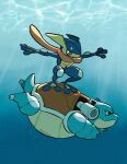  artist_name blastoise brown_eyes closed_mouth from_side greninja highres no_humans pokemon pokemon_(creature) smile surfing swimming teletelo underwater 