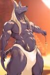  abs andromorph angry anthro anubis bottomwear clothing deity egyptian_mythology headgear headwear intersex loincloth looking_down male middle_eastern_mythology muscular muscular_anthro muscular_male mythology pecs pyramid simple_background solo v-line zex 