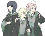  3girls ahoge annoyed asaka_karin bangs behind_another black_hair blonde_hair blue_eyes blunt_bangs closed_mouth commentary_request crossed_arms earclip hand_on_another&#039;s_shoulder hand_on_hip harry_potter_(series) highres hogwarts_school_uniform long_hair looking_at_viewer looking_to_the_side love_live! love_live!_nijigasaki_high_school_idol_club medium_hair mia_taylor mole mole_under_eye multiple_girls one_eye_closed open_mouth pink_hair purple_eyes school_uniform short_hair sidelocks sketch slytherin smile solllolll two_side_up white_background zhong_lanzhu 