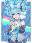  &gt;_o 1girl 1other :d absurdres animal animal_on_shoulder aqua_eyes aqua_hair bare_shoulders black_skirt bow cinnamiku cinnamoroll commentary cosplay cowboy_shot crossover cup detached_sleeves drinking_straw glass hair_bow hatsune_miku hatsune_miku_(cosplay) highres holding holding_cup kaoling long_hair looking_at_viewer matching_outfit necktie on_shoulder one_eye_closed open_mouth pleated_skirt rabbit sanrio shirt skirt sleeveless smile tied_ears updo vocaloid 