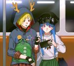  2girls antlers black_gloves blonde_hair blue_hair cellphone dragon_horns earphones fingerless_gloves gloves green_headwear green_skirt grey_jacket haniyasushin_keiki head_scarf highres holding holding_phone hood hood_up hooded_jacket horns jacket jewelry kicchou_yachie long_hair long_sleeves losercat magatama magatama_necklace multiple_girls necklace open_mouth otter_spirit_(touhou) phone pink_eyes plaid plaid_skirt pleated_skirt red_eyes red_skirt ring shared_earphones shirt short_hair skirt smartphone touhou white_shirt yellow_horns 