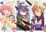  3boys amemura_ramuda androgynous arisugawa_dice blue_eyes book brown_hair closed_eyes fling_posse hakuuyori highres holding holding_book hypnosis_mic long_hair looking_at_viewer male_focus multiple_boys one_eye_closed open_book pink_hair purple_eyes purple_hair short_hair white_background yumeno_gentarou 