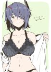  1girl artist_name bangs black_bra bra breasts cleavage collarbone dated eyepatch groin headgear highres kantai_collection large_breasts navel open_clothes open_shirt purple_hair shirt short_hair signature solo taira_yuuki tenryuu_(kancolle) underwear upper_body white_shirt yellow_eyes 