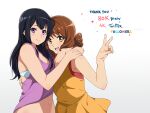  2girls :d bangs bare_shoulders black_hair bra breasts brown_hair closed_mouth commentary_request dress hand_up hibike!_euphonium hug kousaka_reina long_hair looking_at_viewer medium_breasts medium_hair milestone_celebration multiple_girls navel open_mouth oumae_kumiko purple_eyes purple_shirt sbel02 shirt simple_background smile teeth underwear upper_teeth_only v white_background white_bra yellow_dress yellow_eyes 