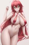  1girl abpart ahoge areola_slip artist_name blush breasts cameltoe cleavage collarbone green_eyes hair_between_eyes high_school_dxd highres huge_breasts long_hair looking_at_viewer navel one-piece_swimsuit red_hair rias_gremory simple_background smile solo swimsuit thighs very_long_hair 