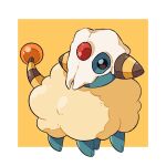  black_sclera colored_sclera cosplay cubone cubone_(cosplay) full_body highres horns mareep no_humans orange_background pokemon pokemon_(creature) sheep solo standing teletelo two-tone_background white_background 