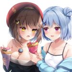  2girls bangs bare_shoulders blue_jacket blush bob_cut breasts brown_hair camisole collaboration collarbone cream crepe eyes_visible_through_hair eyeshadow food fruit grey_eyeshadow grey_hair hair_bun hair_ornament hairclip hand_grab hat hinoka_(allen) holding holding_food jacket jewelry long_sleeves looking_at_another looking_at_object makeup medium_hair multiple_girls necklace off_shoulder open_mouth original pendant purple_eyes sharing_food short_hair simple_background single_side_bun spaghetti_strap star_(symbol) strapless strawberry umou_(may65879) upper_body white_background white_camisole x_hair_ornament yellow_eyes 