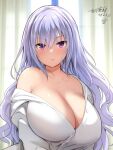  1girl breasts commentary_request curtains indoors large_breasts long_hair looking_at_viewer maou_to_ore_no_hangyakuki open_clothes open_shirt purple_eyes purple_hair shirt signature solo white_shirt yoshikawa_hideaki 