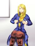  1girl agrias_oaks blonde_hair braid final_fantasy final_fantasy_tactics fwa_rw hair_ribbon highres no_armor open_mouth ribbon sitting solo twitter_username tying_hair yellow_eyes 