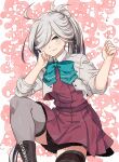  1girl absurdres aqua_bow aqua_bowtie asashimo_(kancolle) asashimo_kai_ni_(kancolle) blazer blush boots bow bowtie closed_mouth cross-laced_footwear dress grey_eyes grey_hair grey_jacket grey_thighhighs hair_over_one_eye highres jacket kanmiya_shinobu kantai_collection lace-up_boots long_hair open_clothes open_jacket purple_dress short_sleeves smile solo thighhighs 