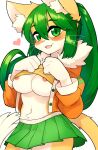  &lt;3 2023 absurd_res anthro areola bottomwear breasts clothed clothing clothing_lift cute_fangs digital_media_(artwork) domestic_cat felid feline felis female female_anthro fur green_eyes green_hair hair hi_res kemono long_hair looking_at_viewer mammal midriff navel nipples open_mouth pink_nose portrait shirt shirt_lift skirt solo sundyz tail three-quarter_portrait tongue topwear under_boob whiskers white_body white_fur yellow_body yellow_fur yellowparrottw 