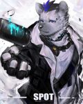  2023 arknights black_hair blue_eyes blue_hair clothed clothing collar ear_piercing eyebrow_piercing facial_piercing fingerless_gloves fur gloves grey_body grey_fur hair handwear hi_res hyena hypergryph jacket looking_at_viewer male mammal multicolored_hair open_clothing open_jacket open_topwear piercing solo spot_(arknights) spotted_hyena studio_montagne topwear two_tone_hair yuqiqiya54831 