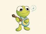  1boy artist_name collared_shirt colored_skin frog_boy full_body green_skin guitar highres holding holding_instrument horizontal_pupils instrument kermit_the_frog muppets music musical_note official_alternate_costume playing_instrument shirt short_sleeves simple_background smile solo spoken_musical_note standing teletelo 