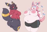  2023 anthro big_breasts bike_shorts bottomless bottomwear breasts butt clothed clothing digital_media_(artwork) duo eeveelution female generation_2_pokemon generation_6_pokemon hand_on_hip hi_res hoodie navel nintendo nipples overweight overweight_anthro overweight_female pokemon pokemon_(species) red_clothing red_hoodie red_topwear shorts simple_background smile subakitsu sylveon thick_thighs tight_bottomwear tight_clothing tight_shorts topwear umbreon 