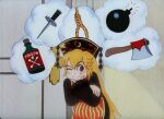  1girl arghthree axe black_dress blonde_hair blush_stickers bomb chinese_clothes crescent dress explosive hand_on_own_face junko_(touhou) knife long_hair long_sleeves noose one_eye_closed orange_hair phoenix_crown poison red_eyes red_tabard smile solo tabard thinking thought_bubble touhou 