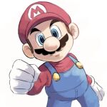  1boy blue_eyes blue_overalls clenched_hand facial_hair gloves hat looking_at_viewer mario mario_(series) mustache overalls red_headwear red_shirt shirt simple_background white_background white_gloves ya_mari_6363 