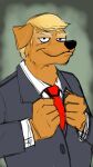  anthro bird_dog black_nose blonde_hair canid canine canis clothing domestic_dog donald_trump fur golden_retriever grey_clothing grey_suit hair hand_on_chest hunting_dog male mammal necktie red_necktie retriever shirt smug solo suit tan_body tan_fur topwear unknown_artist white_clothing white_shirt white_topwear 