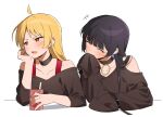  2girls ^_^ black_hair black_shirt blonde_hair blush bocchi_the_rock! closed_eyes covering_mouth drink ear_piercing hand_on_own_cheek hand_on_own_face holding holding_carton holding_drink ijichi_seika juice_box long_hair multiple_girls namgic off-shoulder_shirt off_shoulder open_mouth pa-san piercing red_eyes shirt side-by-side simple_background sleeves_past_fingers sleeves_past_wrists white_background 