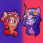  2023 beanie blue_eyes clothing duo earth_pony equid equine eyewear eyewear_on_head female feral goggles goggles_on_head gradient_background hasbro hat headgear headshot_portrait headwear horn horse icon izzy_moonbow_(mlp) malegardevoir mammal mane mlp_g5 my_little_pony orange_body pink_mane pony portrait purple_body purple_mane red_eyes simple_background smile sunny_starscout_(mlp) unicorn unicorn_horn 